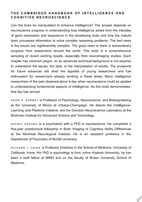 The Cambridge Handbook of Intelligence and Cognitive Neuroscience